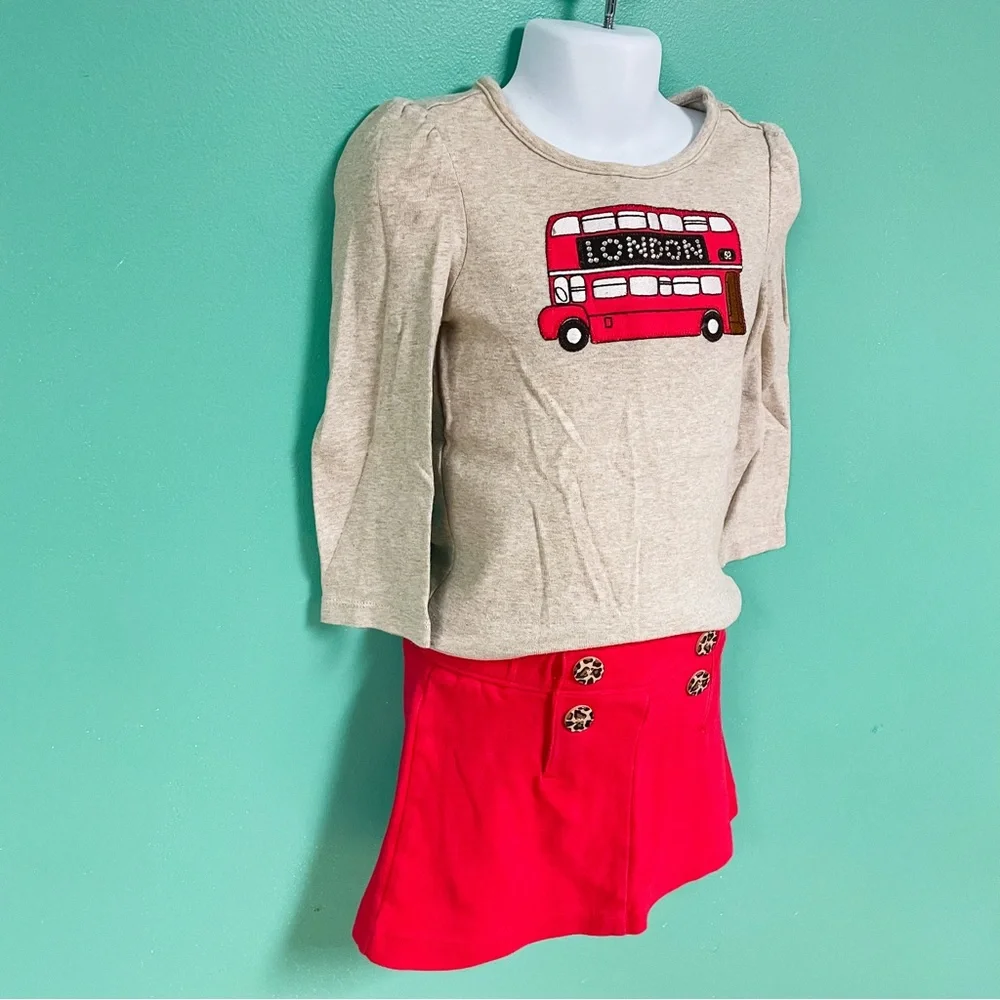 Gymboree Tan & Red London Double Decker Bus Tee & Skirt Outfit Girls Size 3T